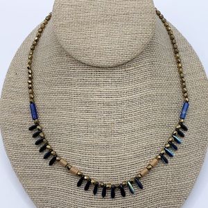 Blue, gold, wood and peacock iridescent faceted dainty Briolette bead necklace